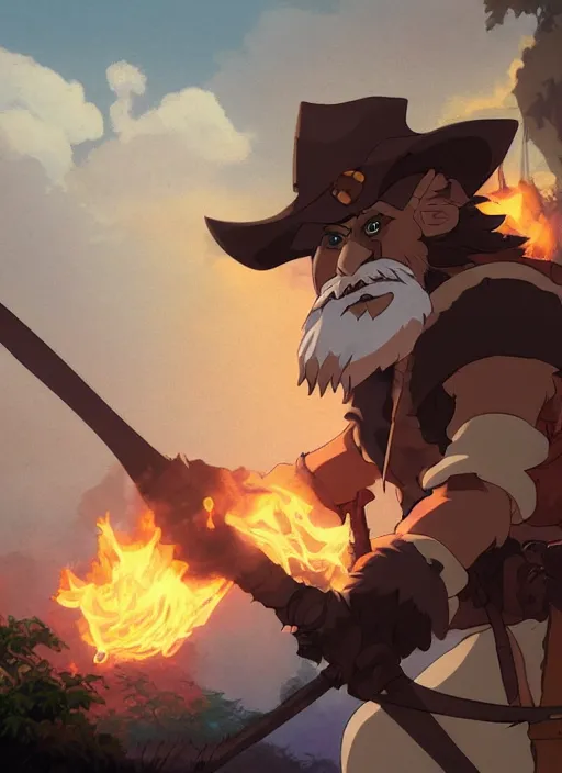 Image similar to bugbear ranger, black beard, dungeons and dragons, hunters gear, flames, character design on white background, by studio ghibli, makoto shinkai