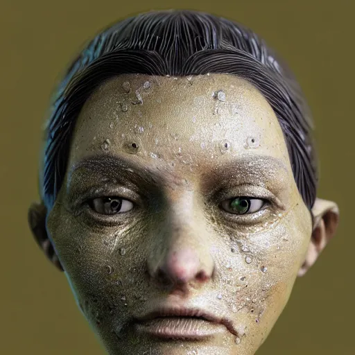 Prompt: photo taken of an epic intricate, ultra detailed, super realistic gritty, wet, lifelike sculpture of a female humanoid android creature with bioluminescent patches of skin created by weta workshop, zoomed in shots, subsurface scattering, photorealistic, sharp focus, white wall coloured workshop, cold colour temperature, f 0. 4, face centred, golden ratio,