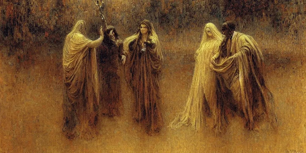 Image similar to a painting of the dark man at the crossroads by gustav moreau, jean delville and  Gaston Bussiere