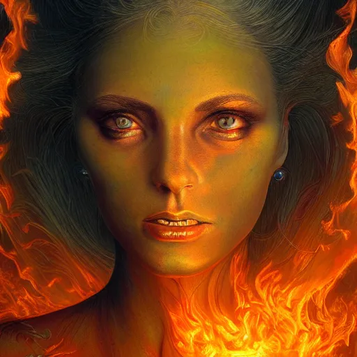 Image similar to A stunning portrait of a goddess, her body made of flames, by Jim Burns, 8K UHD, intricate, fantasy