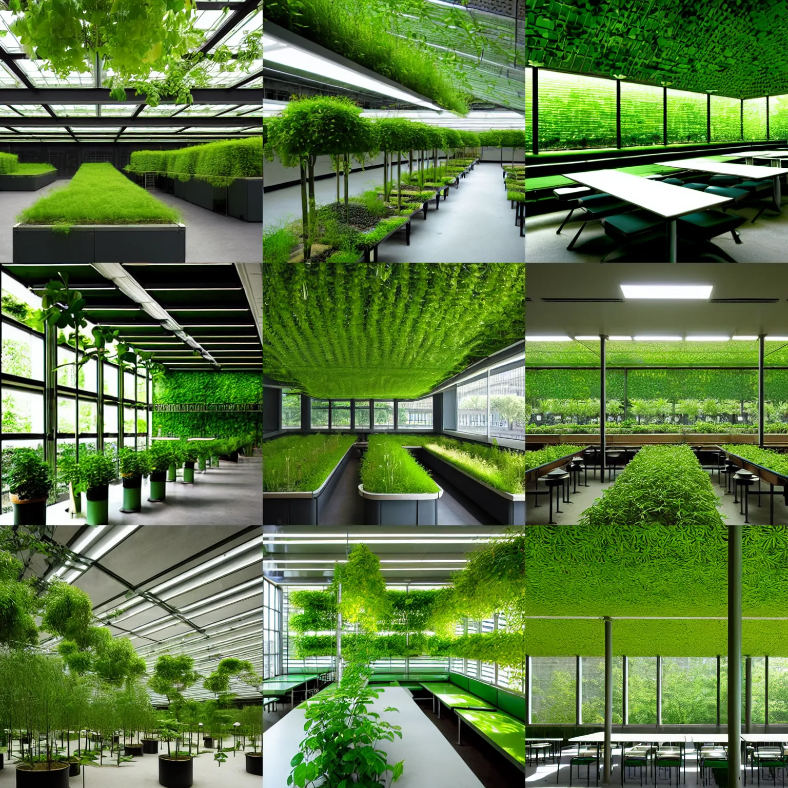 Prompt: solarpunk cantine designed by ludwig mies van der rohe, solarpunk, green plants, natural lighting
