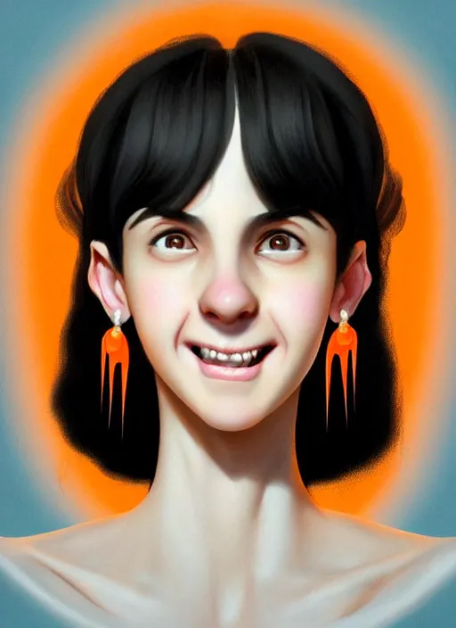 Prompt: portrait of high school girl, realistic, black hair, bangs, half updo hairstyle, pointy nose, skinny, smile, ugly, defined jawline, big chin, orange hair bow, earrings, intricate, elegant, glowing lights, highly detailed, digital painting, artstation, sharp focus, illustration, art by wlop, mars ravelo and greg rutkowski