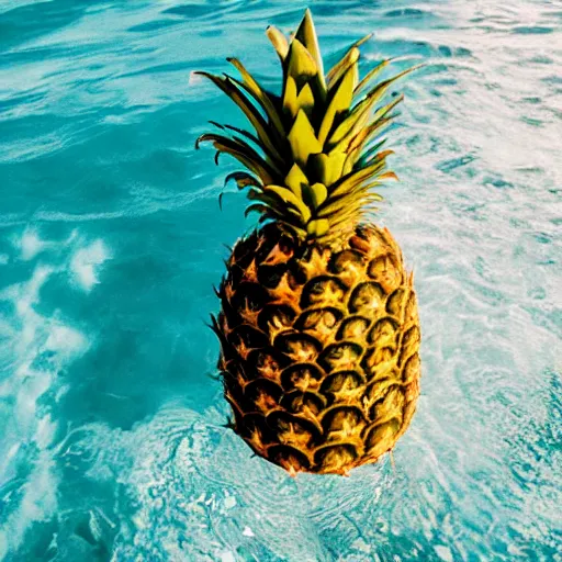 Image similar to a pineapple floating in the middle of the ocean, realistic, beautiful lighting