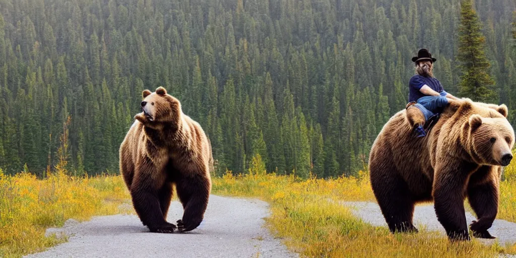 Image similar to bob ross riding on the back of a brown bear in alaska at fall season, outdoor, volumetric lighting, hyperrealistic, shutterstock contest winner, national geographic photo, stockphoto, majestic