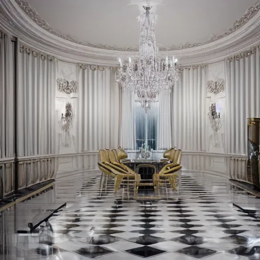 Image similar to extremly detailed luxurious white house interior with champagne on the table, 8 k, octane render, ray traced, global illumination, ultra detailed, photorealistic