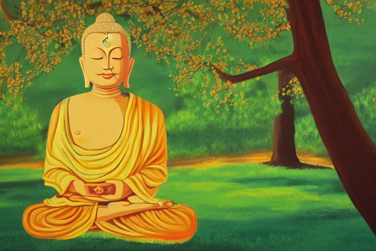 Image similar to painting of a peaceful buddha meditating under a tree, acrylic art, calm, soothing, cosy, elegant, soft light,