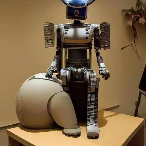 Image similar to a cat sitting on top of a robot suit, a statue by Studio Ghibli, featured on reddit, mingei, made of cardboard, sci-fi, futuristic