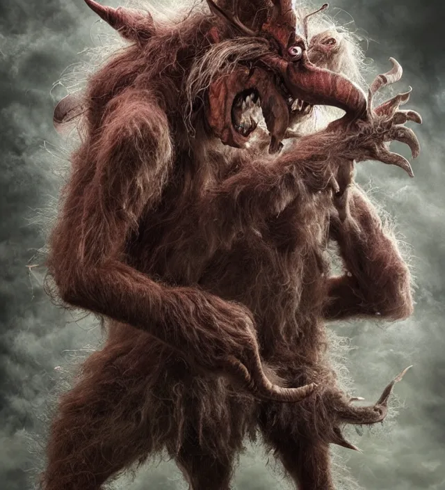 Prompt: hyper realistic photography of indonesian demon hairy fluffy muppet show horror nightmare elf goblin monster with long arms, human anatomy, real teeth, full body, cinematic symmetric dark _ crystal, brian froud, alan lee, jean baptiste monge, scott radke