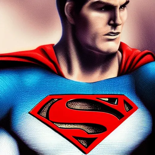 Image similar to hyper realistic portrait of superman with blonde two sides hair and thin face lines, his cape is the american flag