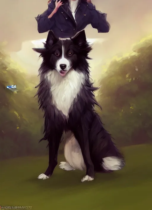 Image similar to wide angle full body portrait of a cute male anthropomorphic border collie fursona wearing a jacket in front of a park, by charlie bowater, henry asencio, and ross tran, concept art, digital painting, furaffinity, scenic background, intricate, elegant, beautiful, fantasy, glamor pose, detailed, trending on artstation