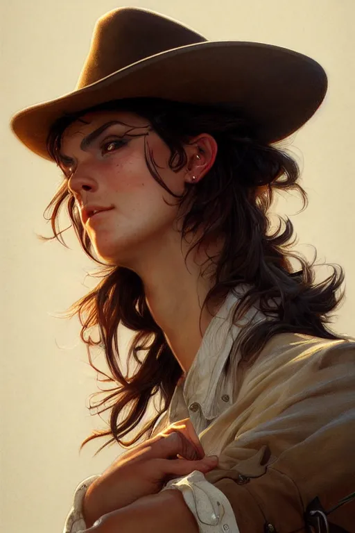 Image similar to photorealistic portrait of a young butch cowgirl woman, handsome, female, masculine, upper body, fantasy, fierce, sharp features, intricate, elegant, highly detailed, digital painting, artstation, concept art, matte, sharp focus, illustration, art by artgerm and greg rutkowski and alphonse mucha