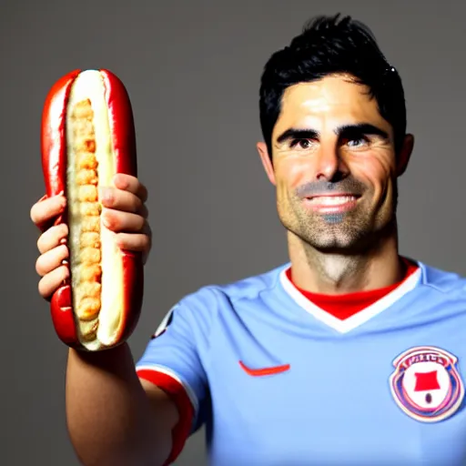 Image similar to a promo portrait of mikel arteta holding a delicious hot dog with mustard and ketchup up to the camera, happy, hyper detailed, fisheye lense, reuters