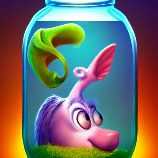 Image similar to cutie creature in a jar, digital art, 3 d, maya render, masterpiece, mega detailed, pixar, disney, vivid illustration, fantasy