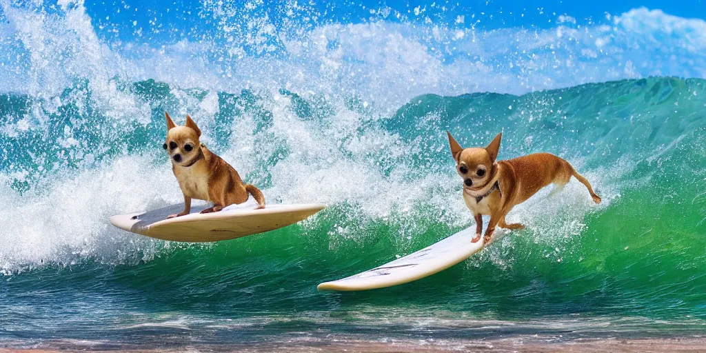 Image similar to chihuahua surfing tropical background waves focus photography 4k hyper realism surreal sunny beach