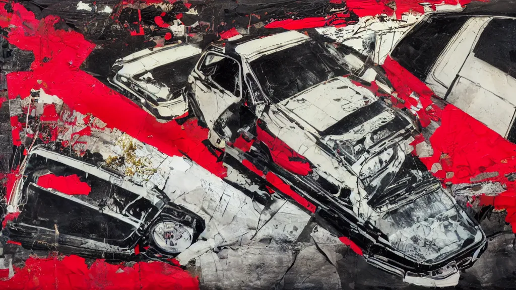 Prompt: lowrider crash test, collage paper and tape, black and red oil, acrylic on canvas, hyperrealism mixed with expressionism, high resolution, cinematic, unreal 6 breathtaking detailed, by blake neubert, by matt sesow