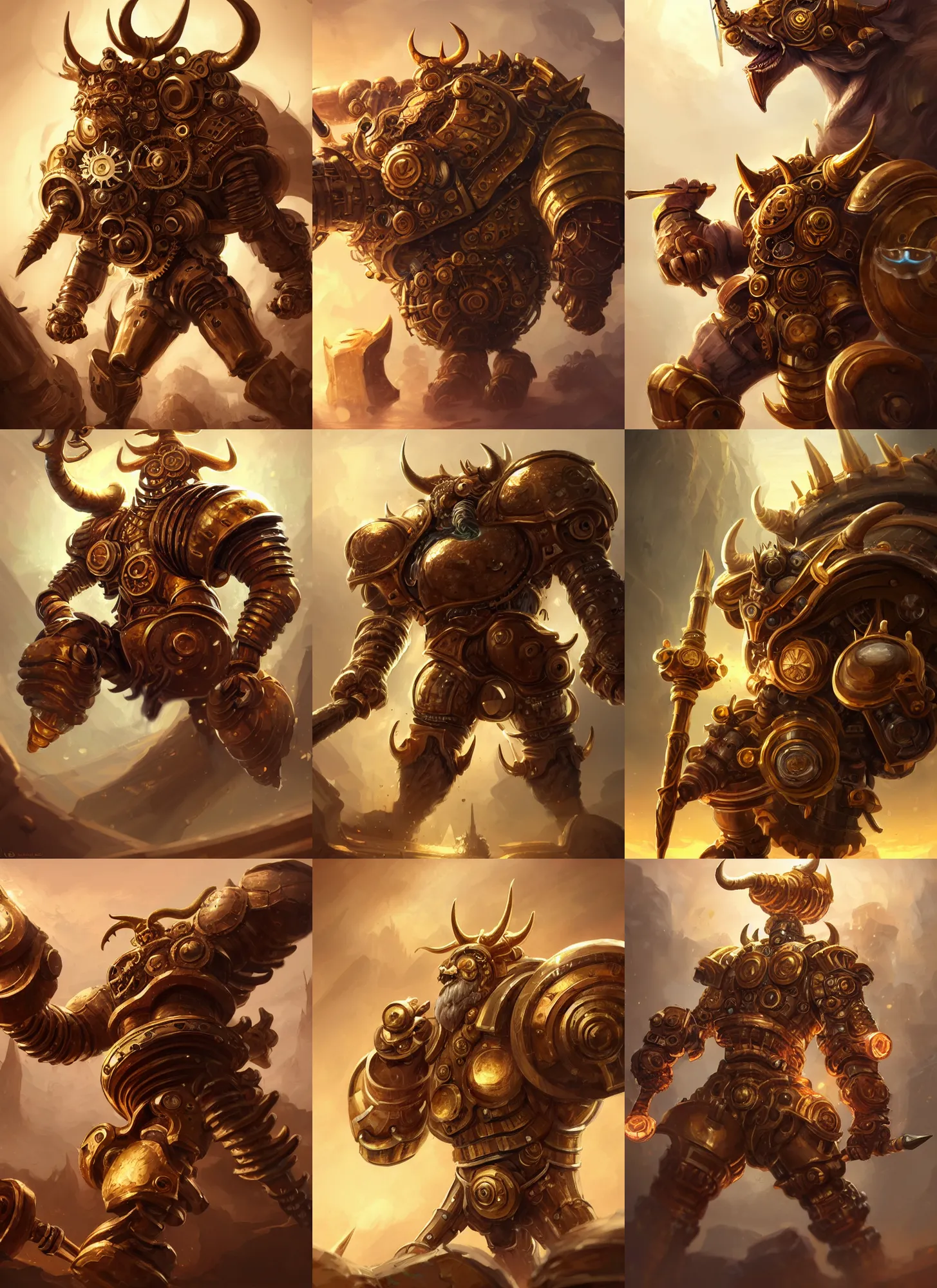 Prompt: a highly detailed illustration of gentle mighty colossal golden fighting horned mechanical steampunk titan with a hammer hand, with cute doting eyes, intricate, elegant, highly detailed, centered, digital painting, artstation, concept art, smooth, sharp focus, league of legends concept art, magic the gathering, wlop.