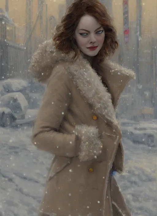 Image similar to emma stone in beige coat, close up, winter new york, snow, artwork by gaston bussiere, craig mullins, trending on artstation