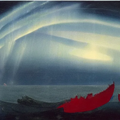 Image similar to the epic abstract painting'blue arctic void with black and red aurora borealis above a pod of humpback whales ', by caspar david friedrich!!!, by rothko!!!, stunning masterpiece, trending on artstation