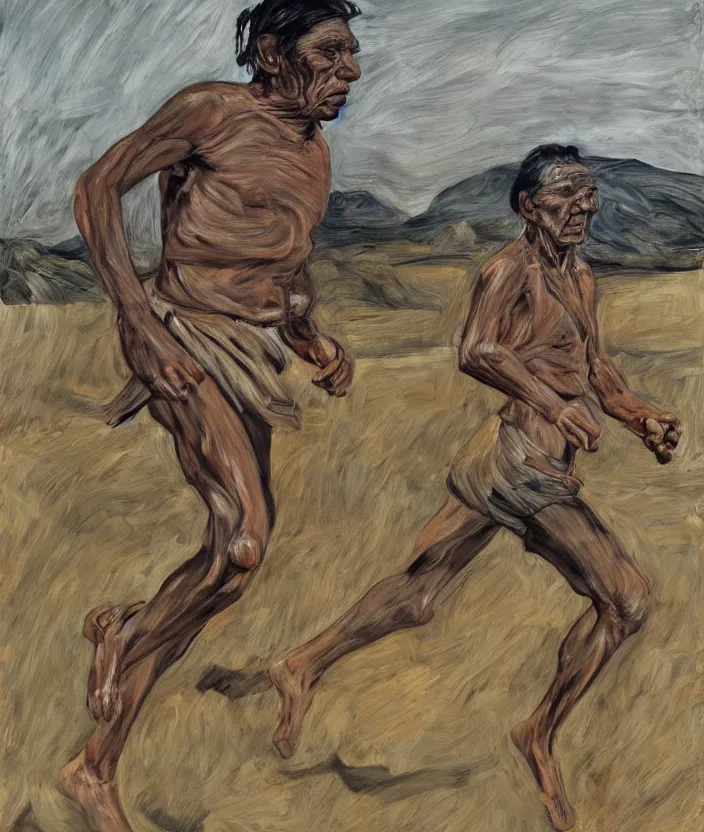 Prompt: indigenous man running, painted by lucian freud, hd, super detailed, realistic, muted colors