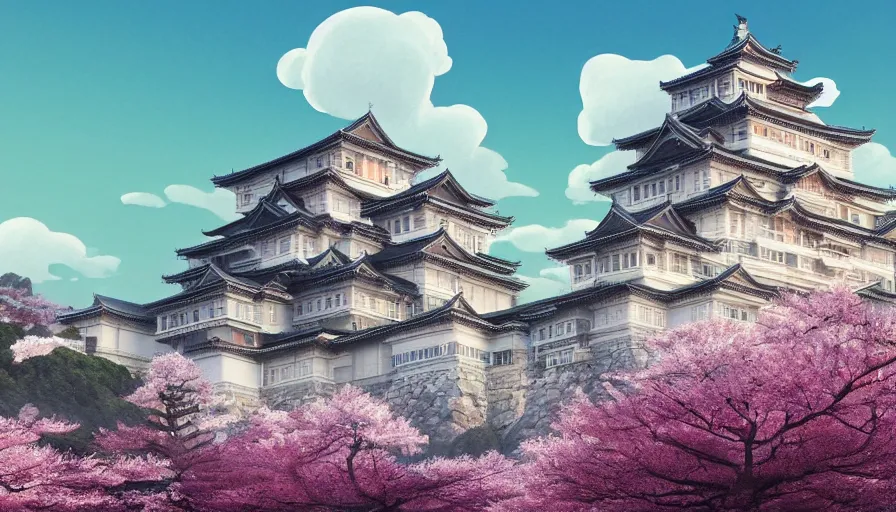 Image similar to A highly detailed matte painting of a large japanese castle, in the tall mountains, with matsu pine trees, with sakura cherry trees, by Studio Ghibli, Makoto Shinkai, by Artgerm, by beeple, volumetric lighting, octane render, 4K resolution, trending on artstation, masterpiece