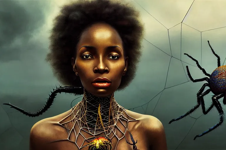 Image similar to realistic detailed closeup portrait movie shot of a beautiful black woman with a giant spider, dystopian city landscape background by denis villeneuve, amano, yves tanguy, alphonse mucha, max ernst, ernst haeckel, kehinde wiley, caravaggio, roger dean, cyber necklace, rich moody colours, sci fi patterns, wide angle