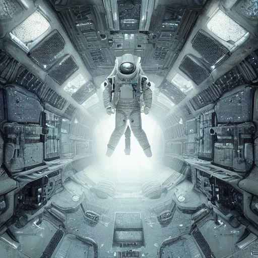 Image similar to concept art by craig mullins astronaut in futuristic dark and empty spaceship underwater. infrared complex and hyperdetailed technical suit. mandelbulb fractal. reflection and dispersion materials. rays and dispersion of light. volumetric light. 5 0 mm, f / 3 2. noise film photo. flash photography. unreal engine 4, octane render. interstellar movie art