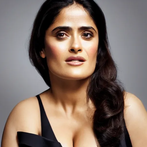 Image similar to Fully-clothed full-body portrait of Salma Hayek, XF IQ4, 50mm, F1.4, studio lighting, professional, 8K