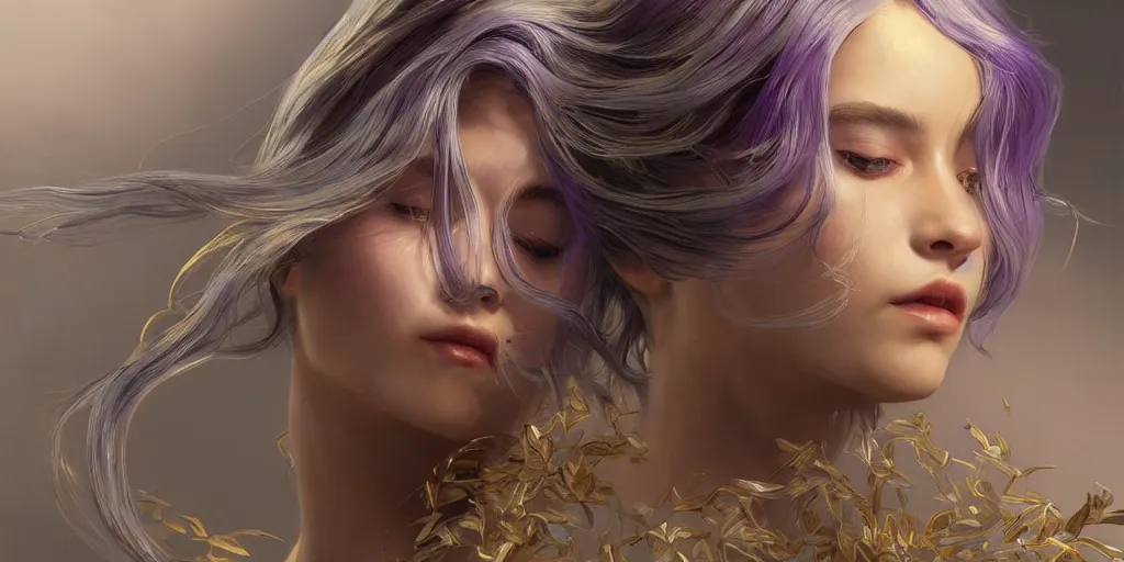 Image similar to wide angle, opulescent purple panther, metallic silver and ice color reflected crystal hair, leaping from willow tree, fantasy, intricate, very beautiful, elegant, golden light, highly detailed, digital painting, artstation, concept art, smooth, sharp focus, unreal engine, art by wlop and tian zi and alphonse mucha