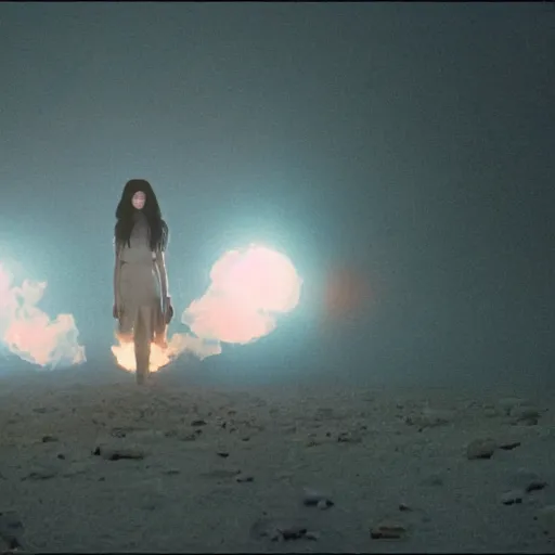 Image similar to The full body shot of beautiful pale woman with white flowers and full-face golden mask inside a thick black smoke in rocky desert landscape, glowing eyes everywhere, burning earth by Gaspar Noe and Christopher Doyle, anamorphic lens, anamorphic lens flares, kodakchrome, cinematic composition, practical effects, award winning photo, 8k,