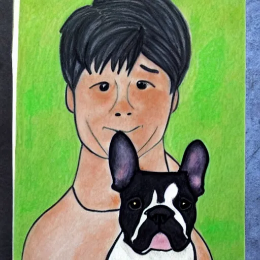 Prompt: two lovers and a black french bulldog, kid's drawing