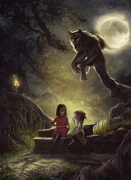 Image similar to a werewolf at night sitting next to a human child, fantasy art, matte painting, highly detailed