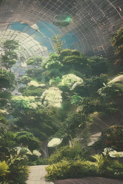 Image similar to multi level botanical garden spaceship floating in space, calm, tranquil, faded effect, detailed, vaporwave colors, render by substance designer