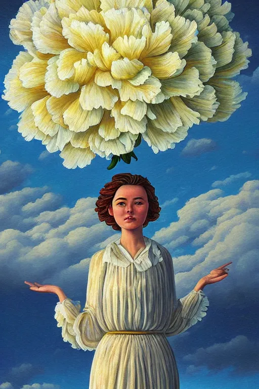 Image similar to closeup, giant carnation flower head, woman in suit, clouds in sky, surreal, impressionist painting, digital painting, artstation, rob gonsalves