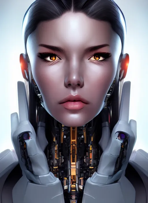 Image similar to portrait of a cyborg woman by Artgerm, (((((face turns left))))) (((face turns right))), eyes closed , biomechanical, hyper detailled, trending on artstation