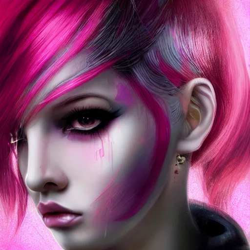 Image similar to a portrait of a stunning woman with pink hair, cyberpunk art by mark ryden, cgsociety, computer art, circuitry, dystopian art, academic art insanely quality, highly detailed, masterpiece, red light, artstation, 4 k