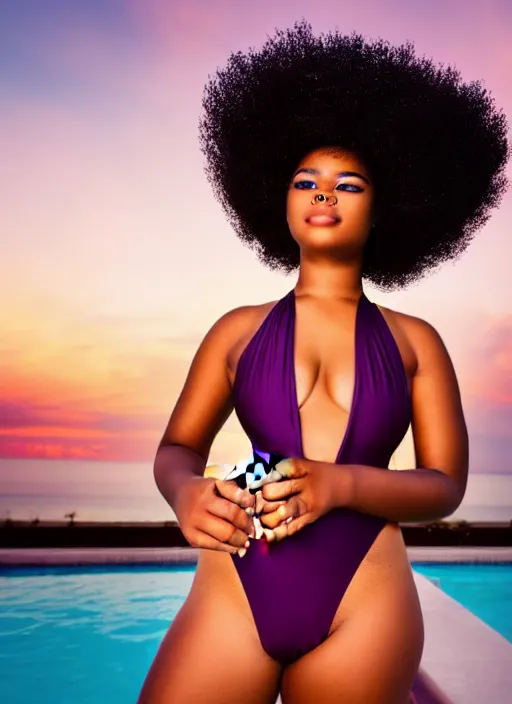 Prompt: a plump afro girl on the edge of the pool in a galographic swimsuit, a swimsuit with a lock on the chest, afro pigtails hairstyle, sunset mood, vogue style, composition, perfect composition, medium close - up ( mcu ), cannon ef 6 5 mm f / 2. 8 8 k