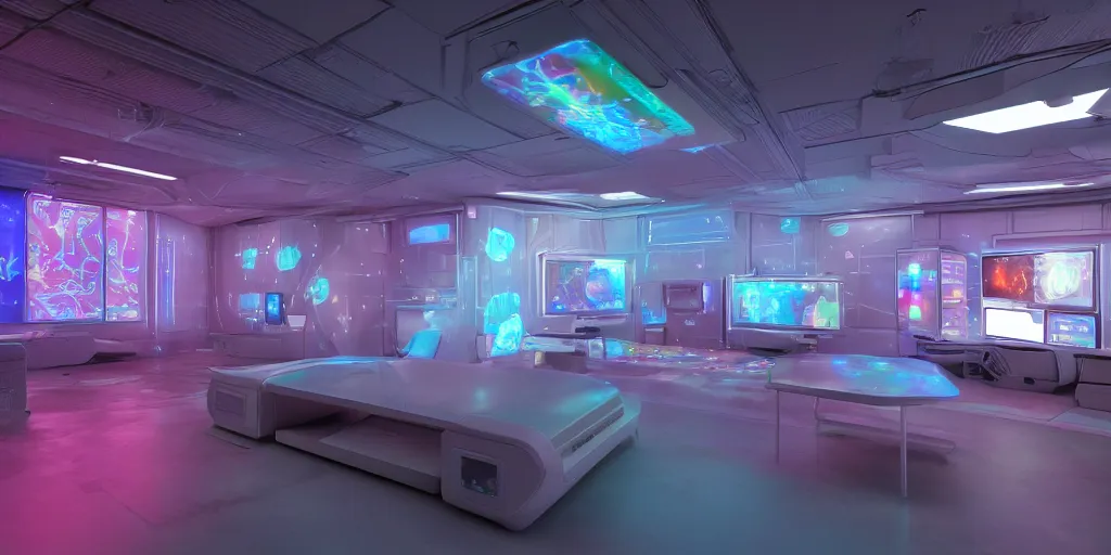 Image similar to a photorealistic futuristic 3D room with four walls covered with rainbow glowing CRT computer monitors with snowy screens embedded into the wall, Trending on artstation, cinematic lighting from the right, hyper realism, octane render, 8k, depth of field, 3D