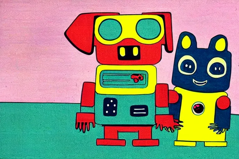 Prompt: ( ( ( ( ( ( ( a robot and a dog ) ) ) ) ) ) ) by richard scarry!!!!!!!!!!!!!! muted colors