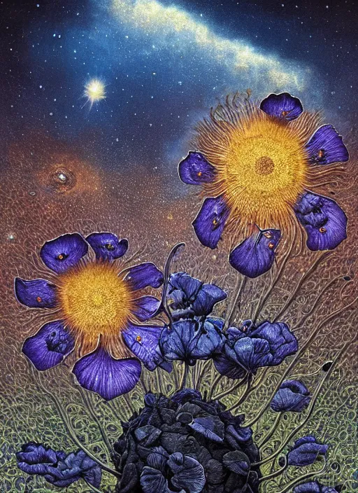 Image similar to detailed, intricate blue black and purple papaverum flower on the field, nebula, galaxy in the sky, winning award masterpiece, fantastically beautiful, illustration, aestheticly inspired, jacek yerka, upscale with anguissola sofonisba work, artstation, 8 k