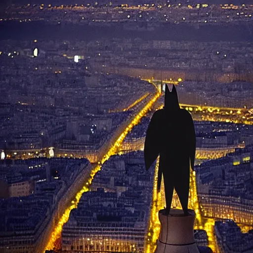 Image similar to batman on top of the eiffel overlooking paris at night, 4 k, cinematic, arri alexa, film footage