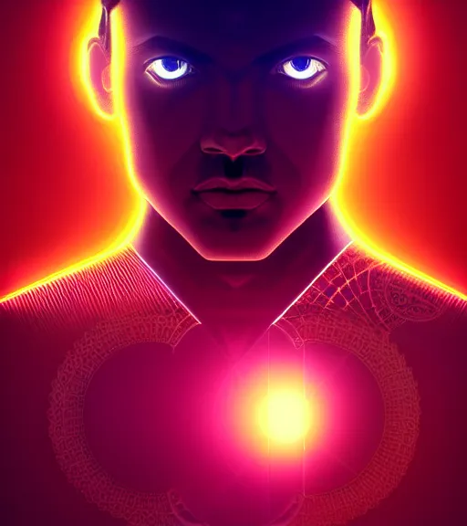 Image similar to symmetry!! indian prince of technology, solid cube of light, hard edges, product render retro - futuristic poster scifi, lasers and neon circuits, brown skin handsome indian prince, intricate, elegant, highly detailed, digital painting, artstation, concept art, smooth, sharp focus, illustration, dreamlike, art by artgerm