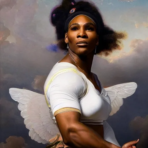 Image similar to Portrait of Serena Williams as Nike Goddess, large wings, luxuriant, dreamy, eternity, romantic, strong pose, highly detailed, in the style of Franz Xaver Winterhalter, highly detailed, in the style of Aetherpunk