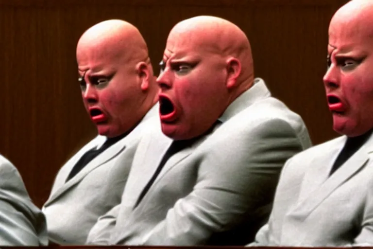 Prompt: crying coneheads testifying in court, detailed facial expressions