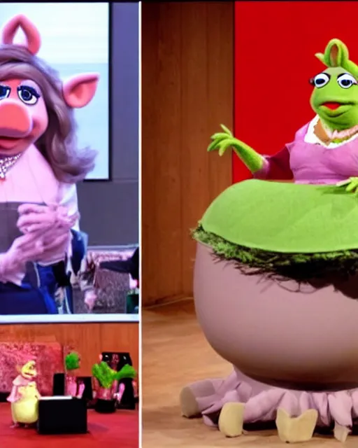 Image similar to miss piggy giving a ted talk on stable diffusion to an audience of muppets about the future of image generation. on the giant video screen behind miss piggy is picture of salvador dali sitting on an avocado toilet, photorealistic, ted talks, muppets