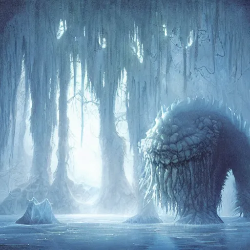 Image similar to swamp monster of ice, fantasy digital art by John Howe,