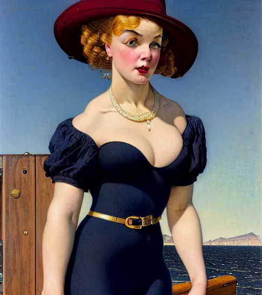 Image similar to a fancy beautiful plump young lady holding a purse standing on a wharf at the edge of the sea by brom and gil elvgren and jean delville and william blake and norman rockwell and michael whelan, crisp details, hyperrealism, high contrast, feminine facial features, stylish navy blue heels, gold chain belt, cream colored blouse, maroon hat