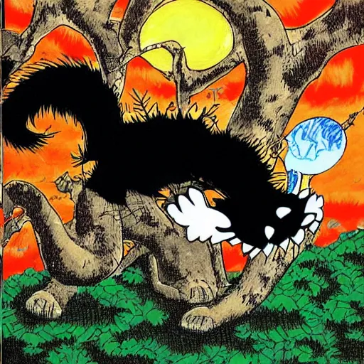 Image similar to giant kitten eating a tree art by yoshihiro togashi