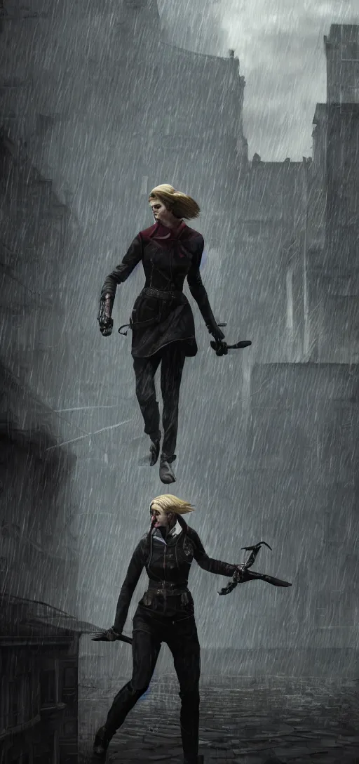 Image similar to annie leonhart as emily from dishonored in dunwall city running on a roof, redshift render, cinematic lighting, rainy weather, melancholy atmosphere, dunwall city, volumetric light, octane render, dishonored game, dishonored 1, gothic architecture, realistic reflections, octane render 8 k