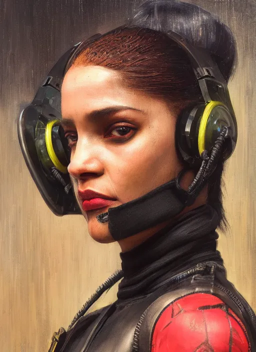 Image similar to Isabel igwe. cyberpunk mercenary wearing a cyberpunk headset and combat jumpsuit. (Cyberpunk 2077, bladerunner 2049). Iranian orientalist portrait by john william waterhouse and Edwin Longsden Long and Theodore Ralli and Nasreddine Dinet, oil on canvas. Cinematic, vivid colors, hyper realism, realistic proportions, dramatic lighting, high detail 4k