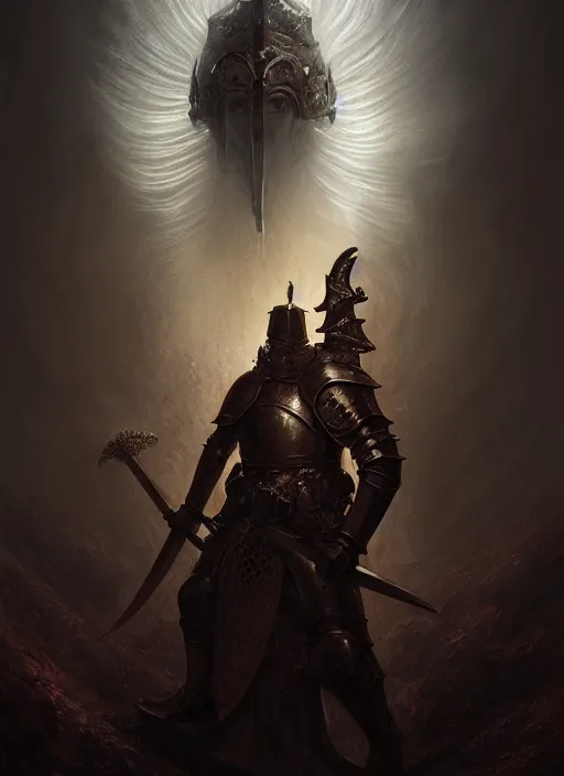 Image similar to portrait of a knight fighting god, intricate, elegant, profane, eerie lighting, mist, fog, god rays, catacombs made of blood, highly detailed, digital painting, artstation, concept art, smooth, sharp focus, illustration, art by wlop, mars ravelo and greg rutkowski